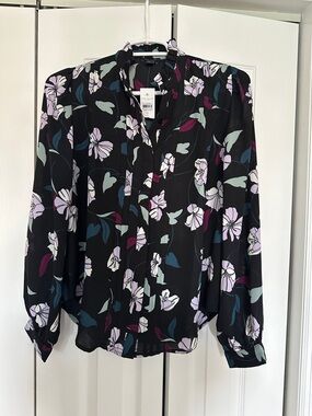 Ann Taylor Black Floral V-Neck Blouse with Lavender & Teal Accents